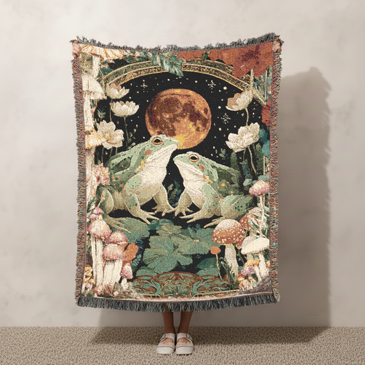 Frog and Toad Woven Blanket, Celestial Moon Tapestry, Romantic Goblincore Jacquard Throw, Cottagecore Mushroom Decor, Anniversary Gift