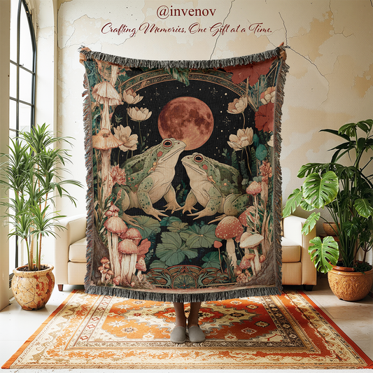 Decorative tapestry with frogs and moon design in a room with plants and furniture.