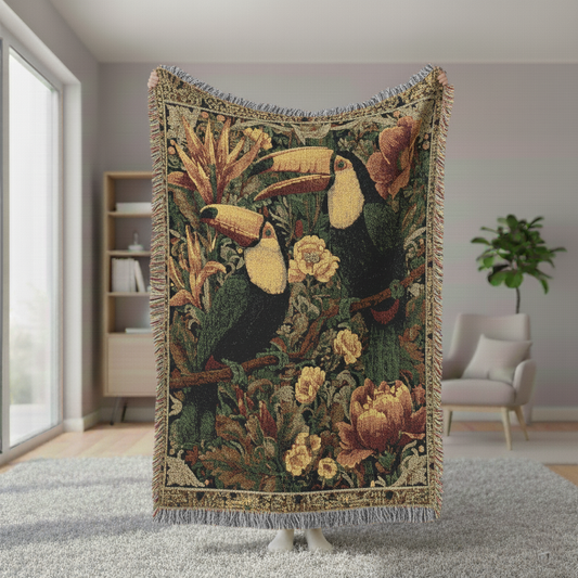 Toucan Woven Blanket, Vintage Style Floral Tapestry, Tropical Bird Throw, Bohemian Style Home Decor, Jungle Wall Hanging Art, Sofa Bed Cover