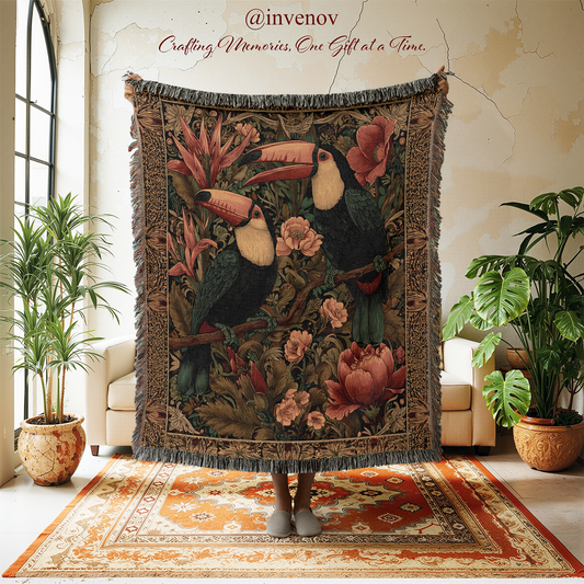 Decorative tapestry with toucans and flowers in a room with plants and furniture.