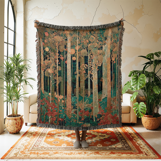 Art Nouveau Forest Woven Blanket, Vintage Artistic Style Tapestry, Enchanted Tree Wall Art, Dark Academia Jacquard Throw, Woodland Decor