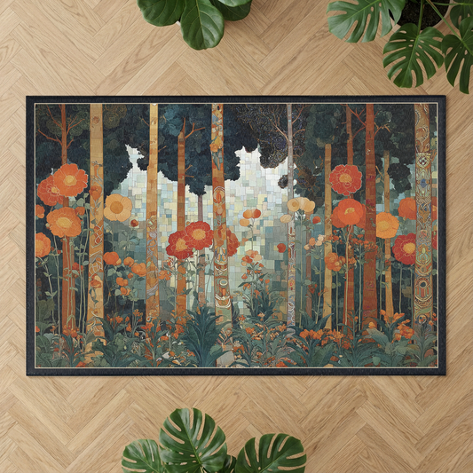 Area rug with artwork of a forest scene with flowers on a wooden floor.
