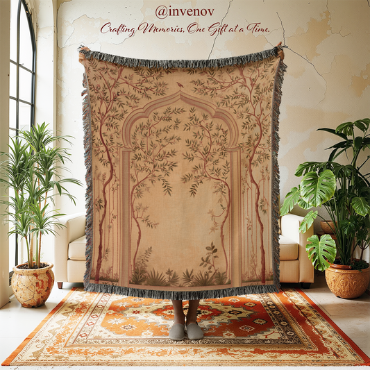 Decorative tapestry with intricate design in a room with plants and furniture.