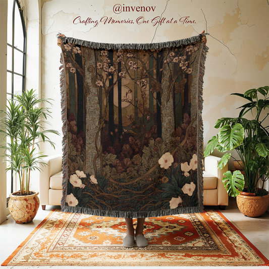 Woven Blanket with artistic style tree and flower graphic