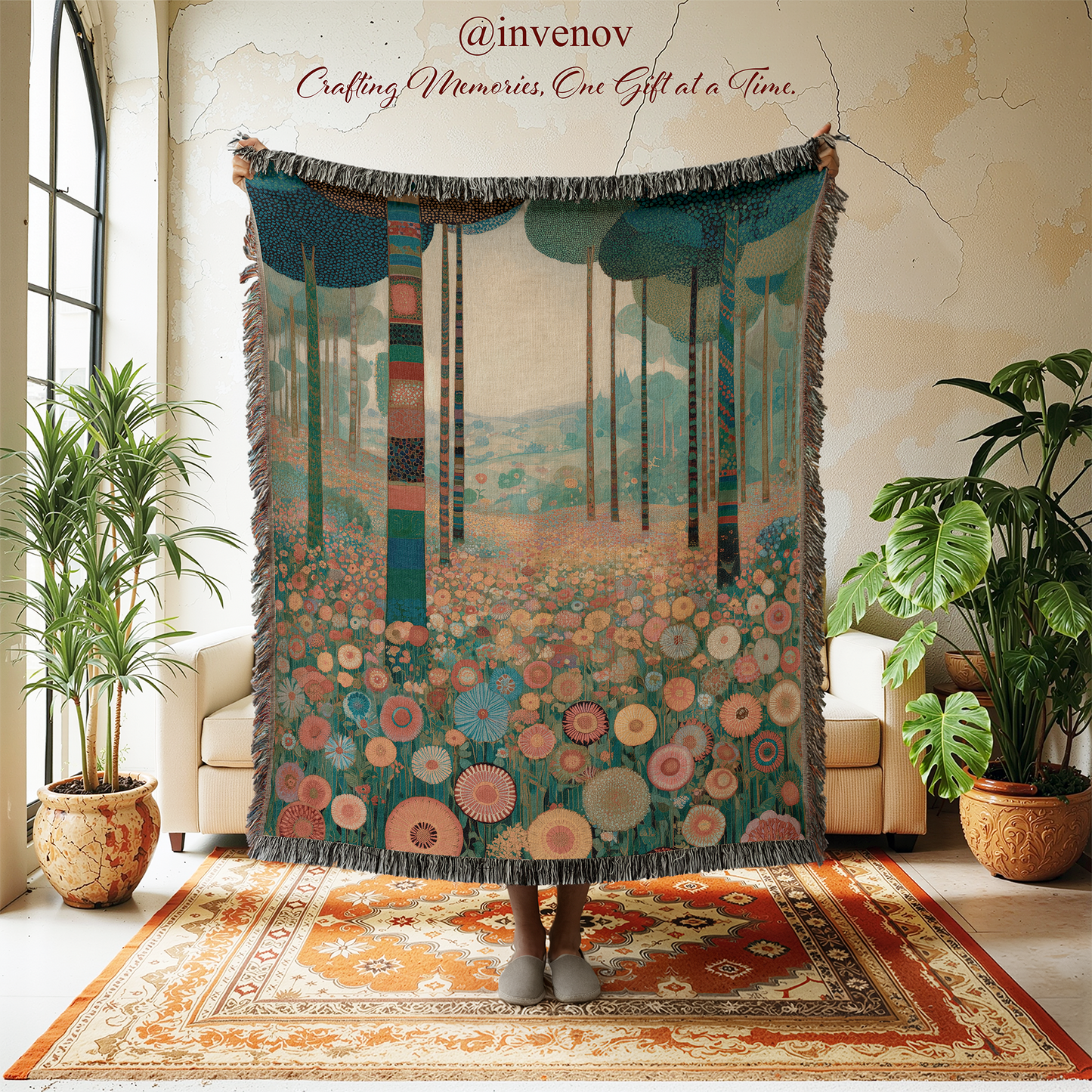 Decorative blanket with nature-themed design in a room with plants and furniture.