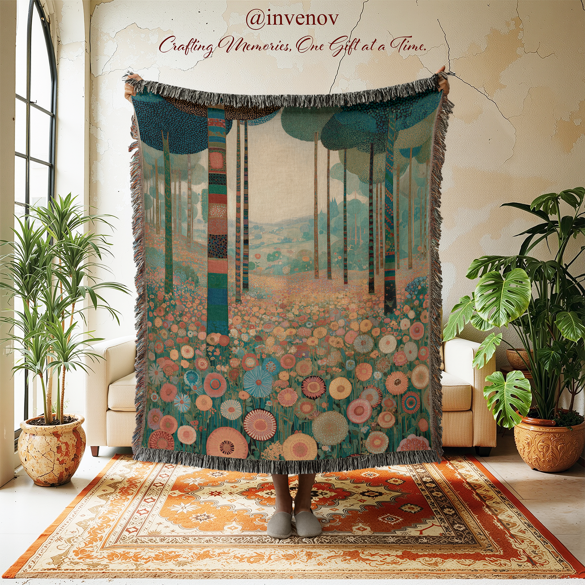 Decorative blanket with nature-themed design in a room with plants and furniture.