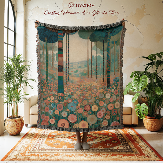Decorative blanket with nature-themed design in a room with plants and furniture.