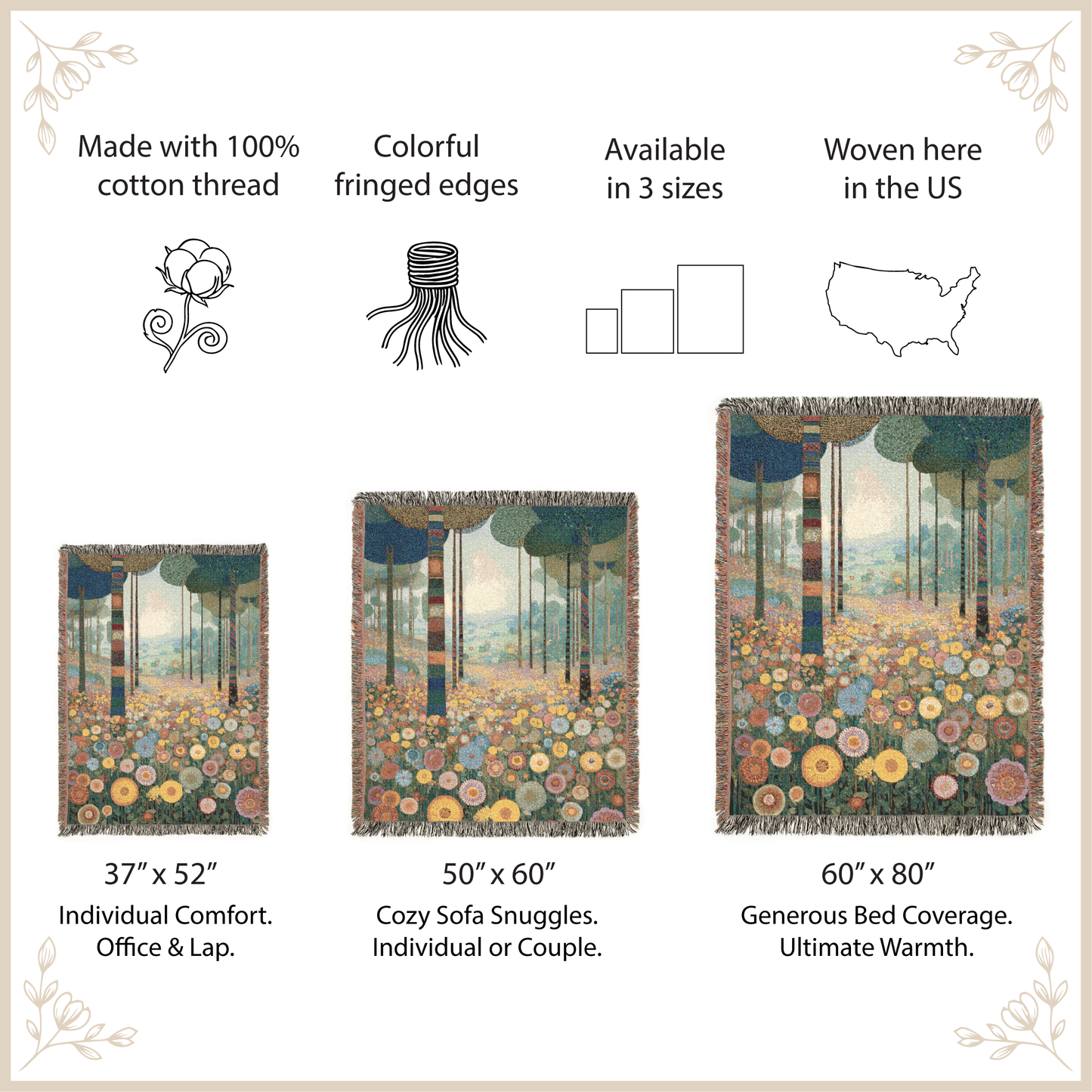 Woven tapestry with scenic design, size options, and features listed.