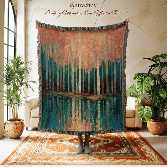 Decorative woven blanket with a colorful pattern in a room with plants and furniture.