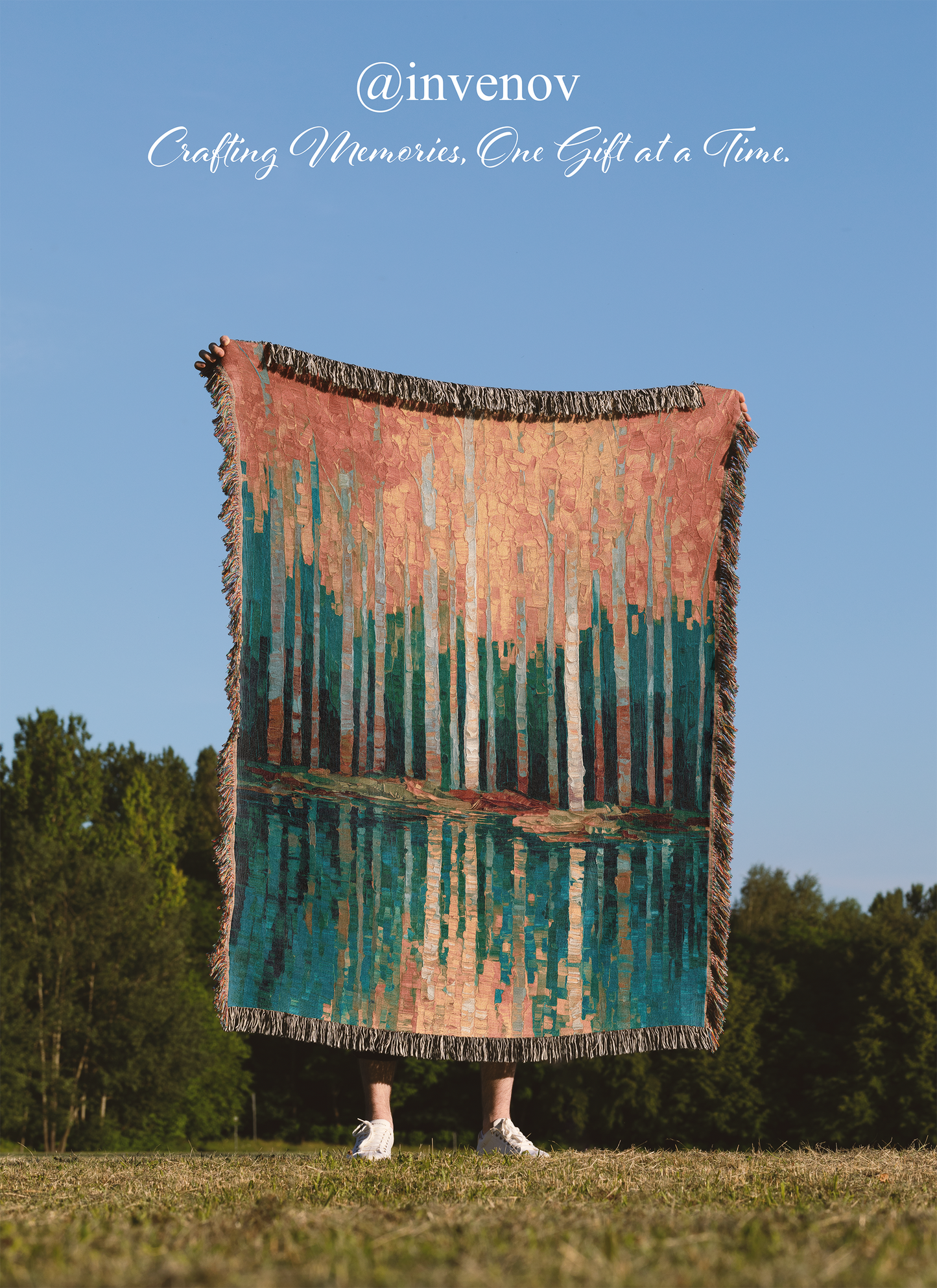 Colorful blanket draped over a person in a field