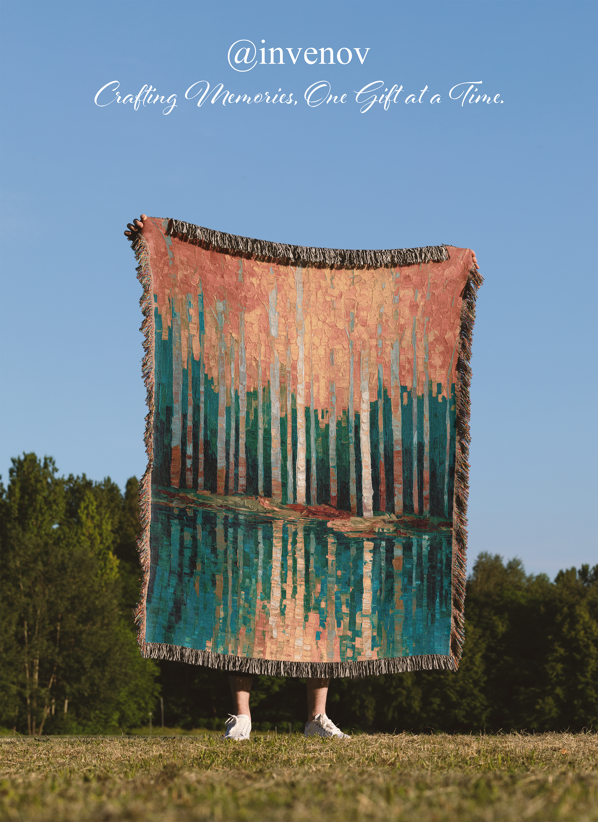 Colorful blanket draped over a person in a field