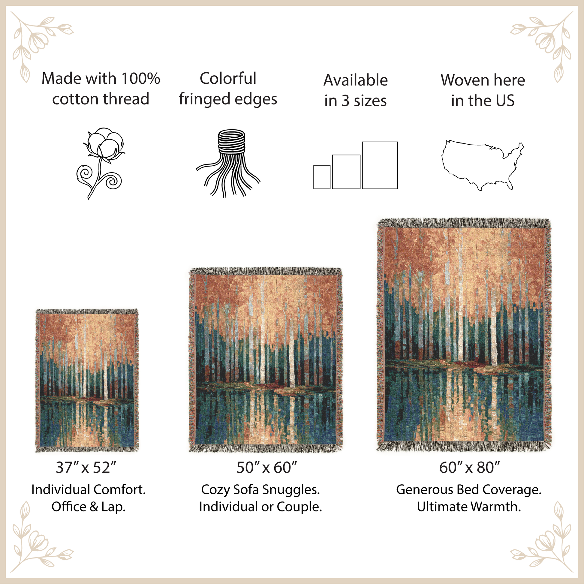 Woven blanket with fringed edges and size options displayed on a beige background