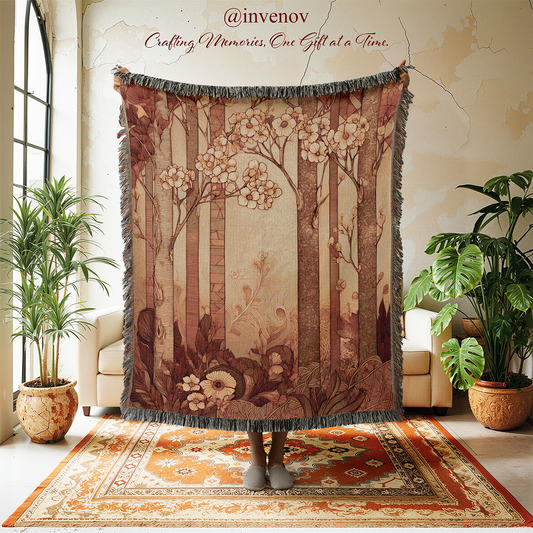 Decorative tapestry with nature-themed design in a room with plants and furniture.