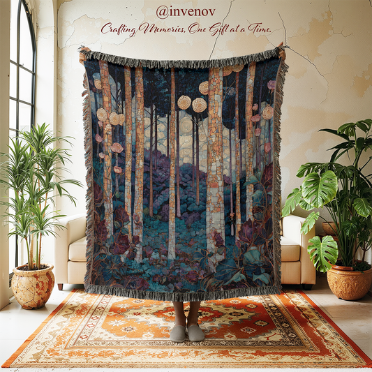 Decorative blanket with forest design in a room with plants and furniture.