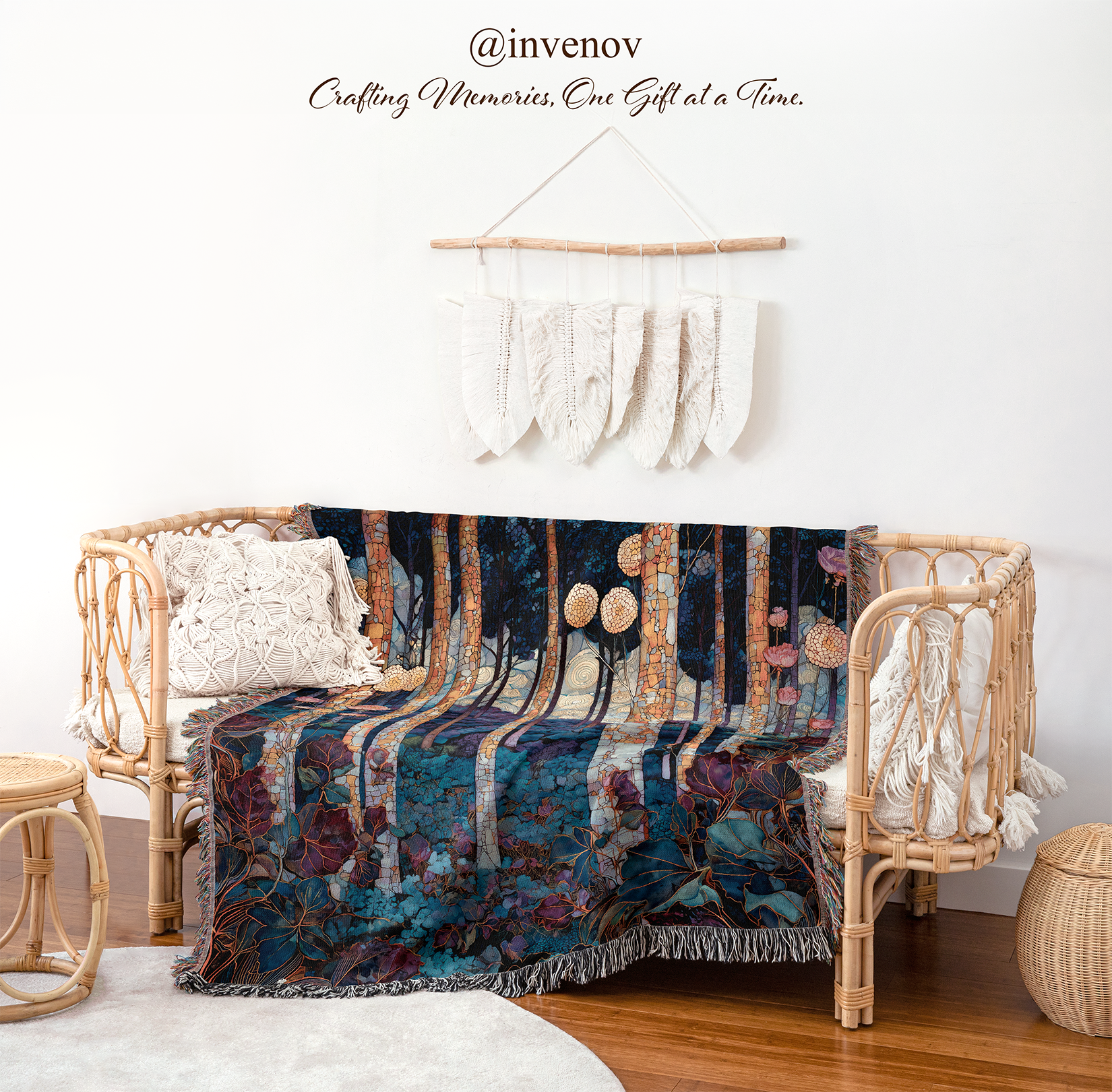 Decorative blanket draped over a wicker chair with a white wall