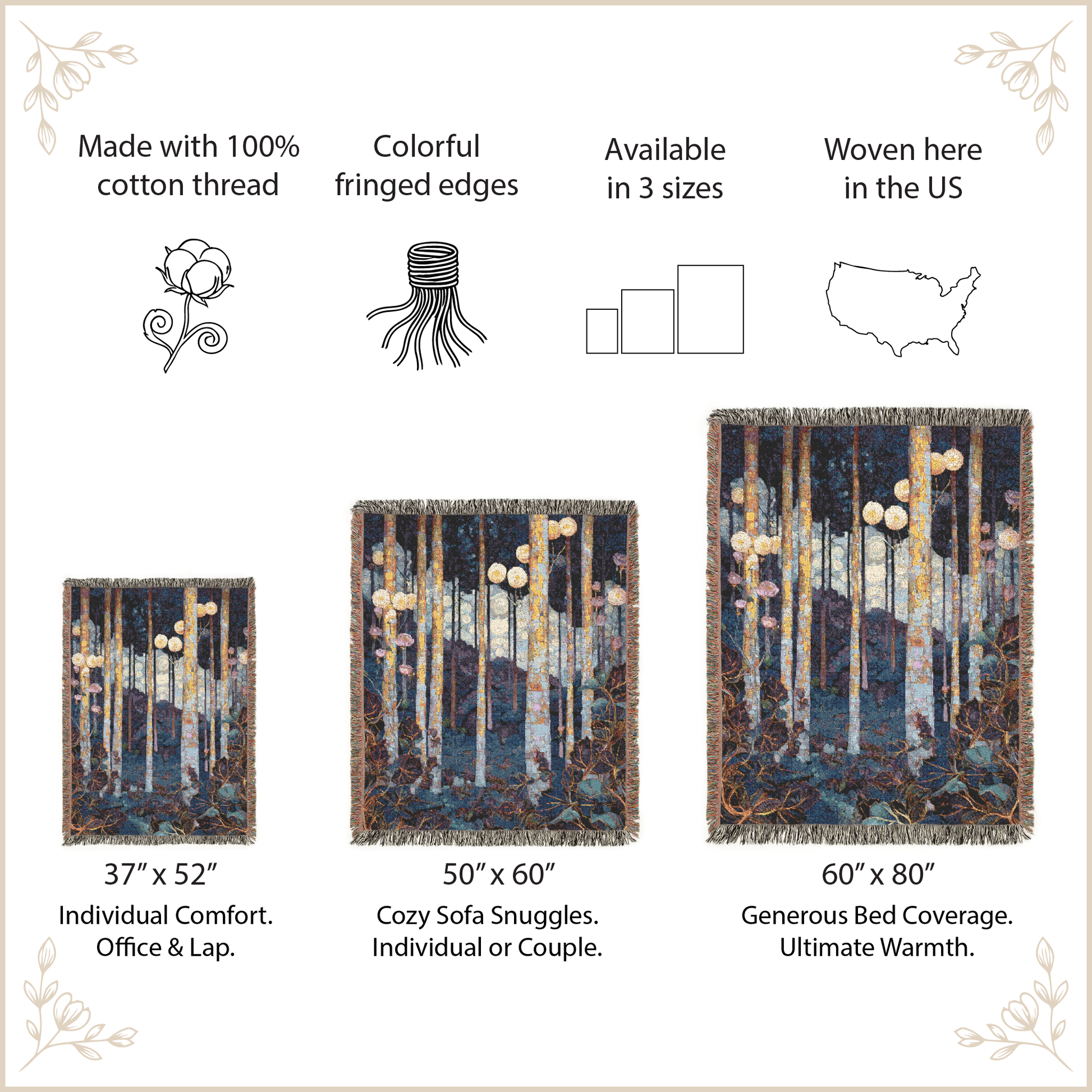Woven Blanket with nature-themed design, size options, and features listed on a beige background.