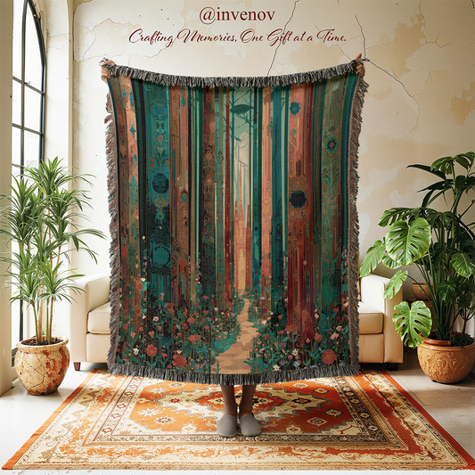 Decorative tapestry with forest design  in a room with plants and furniture.