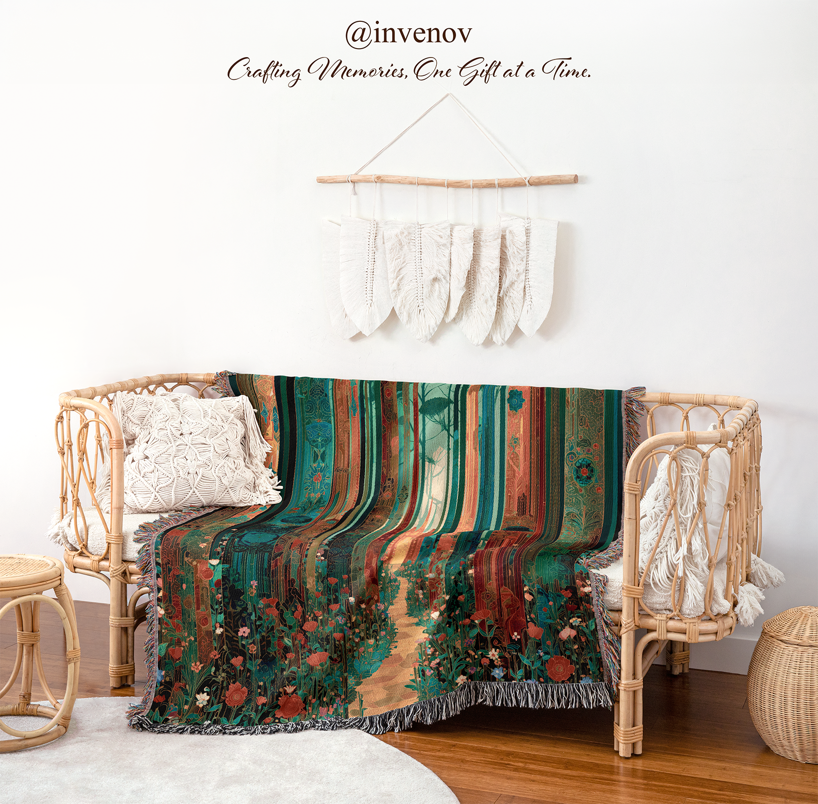 Decorative blanket with forest pattern draped over a chair in a room with wicker furniture and white walls.