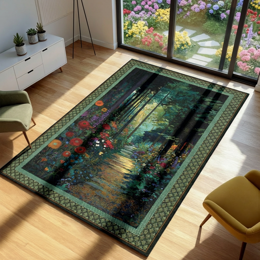 Decorative rug with artistic design on a wooden floor in a room with a garden view.