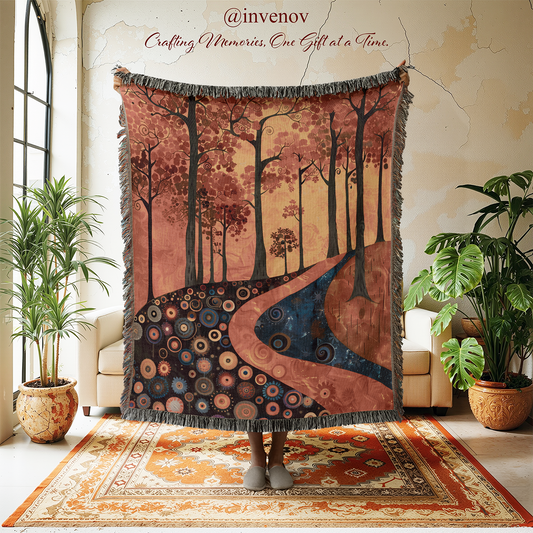 Decorative blanket with forest design in a room with plants and furniture.