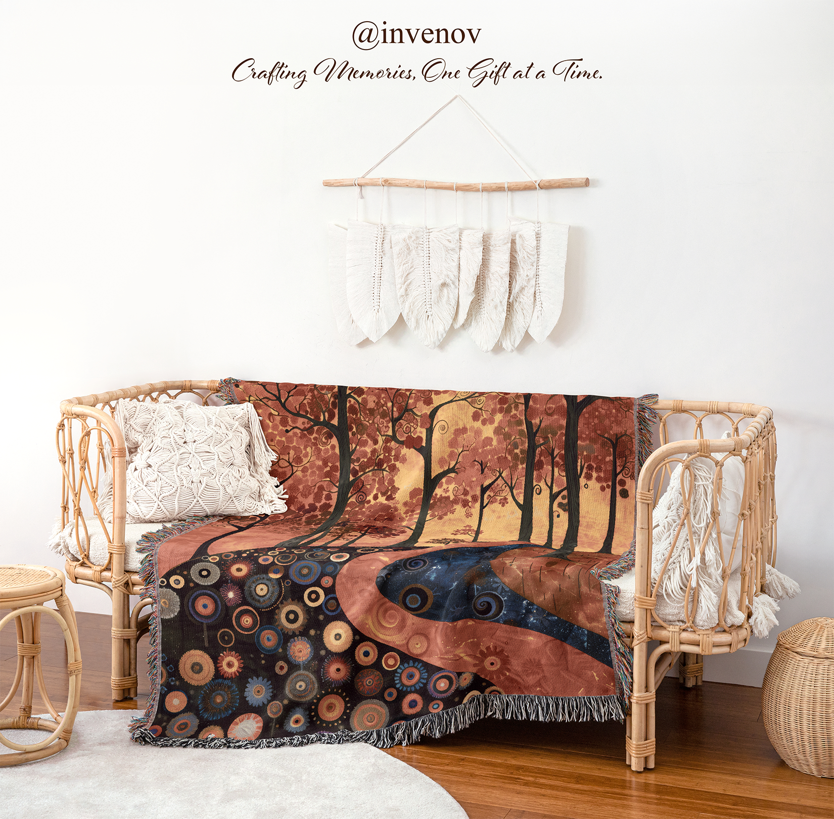 Decorative blanket with nature design on a wooden bench