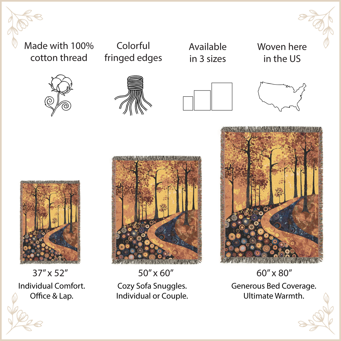Woven blanket with forest design, size options, and features listed.
