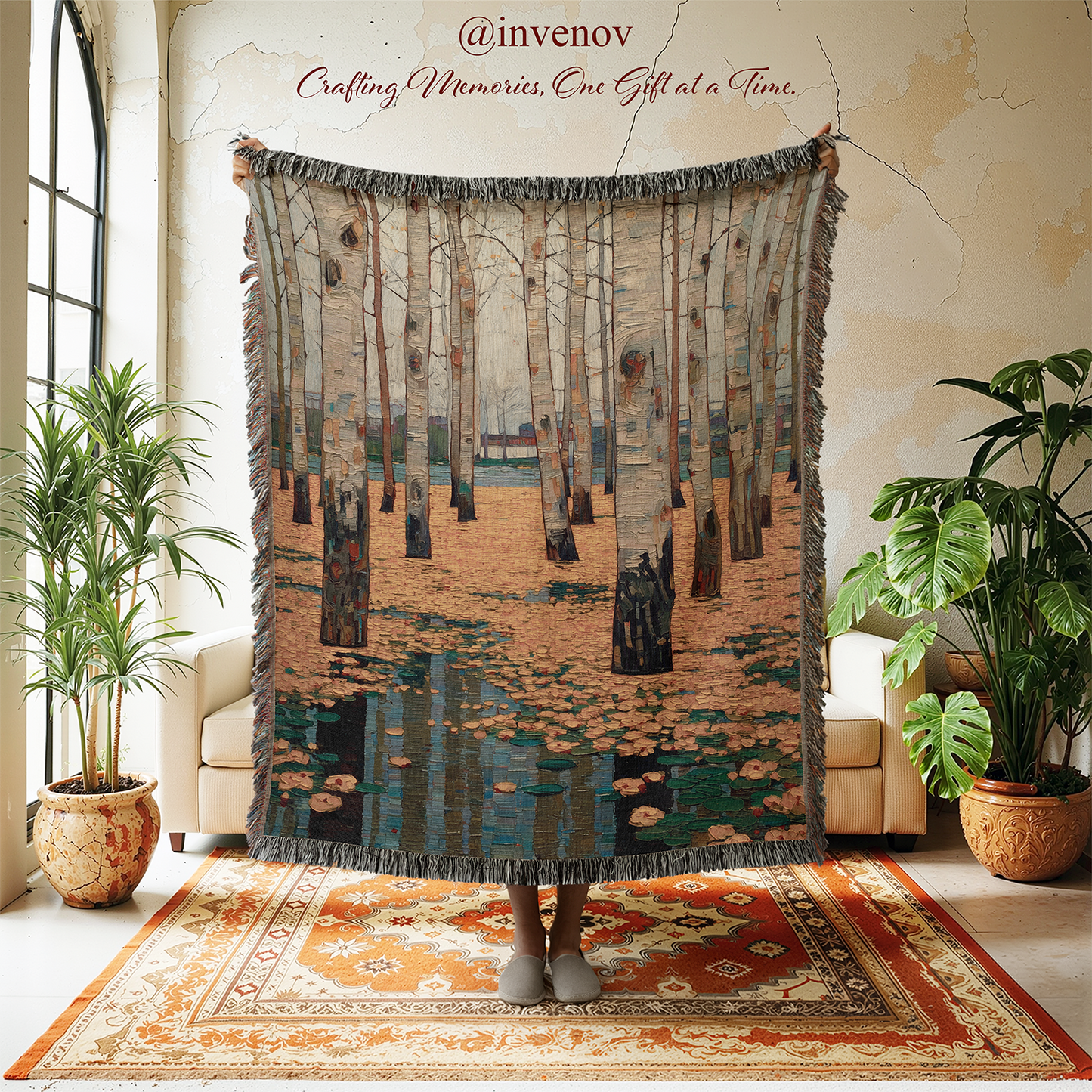 Decorative tapestry with a forest design in a room with plants and furniture.