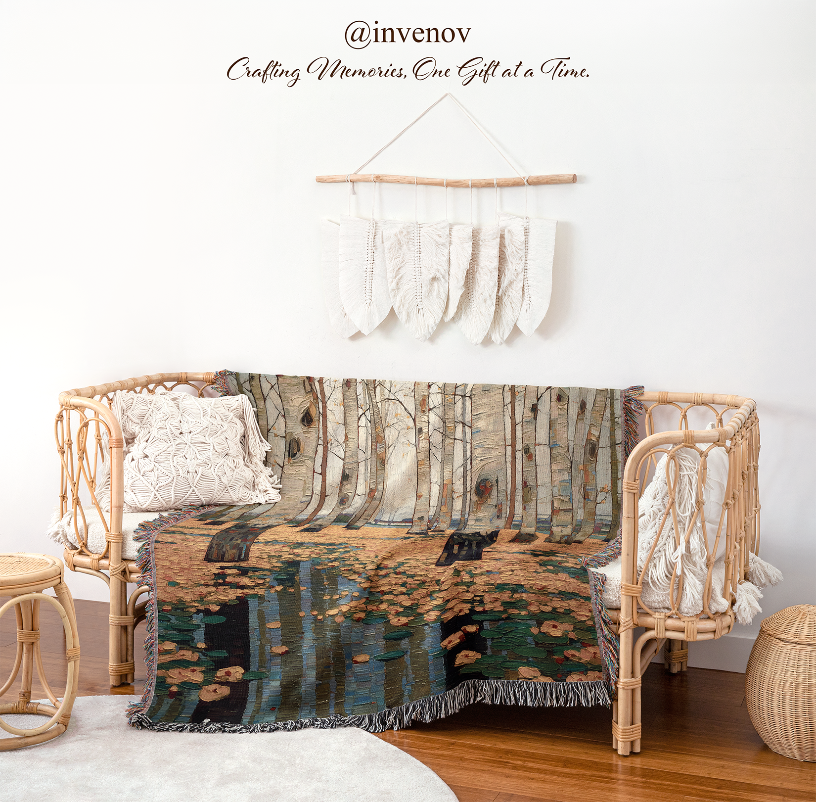 Blanket with nature design draped over a wooden chair