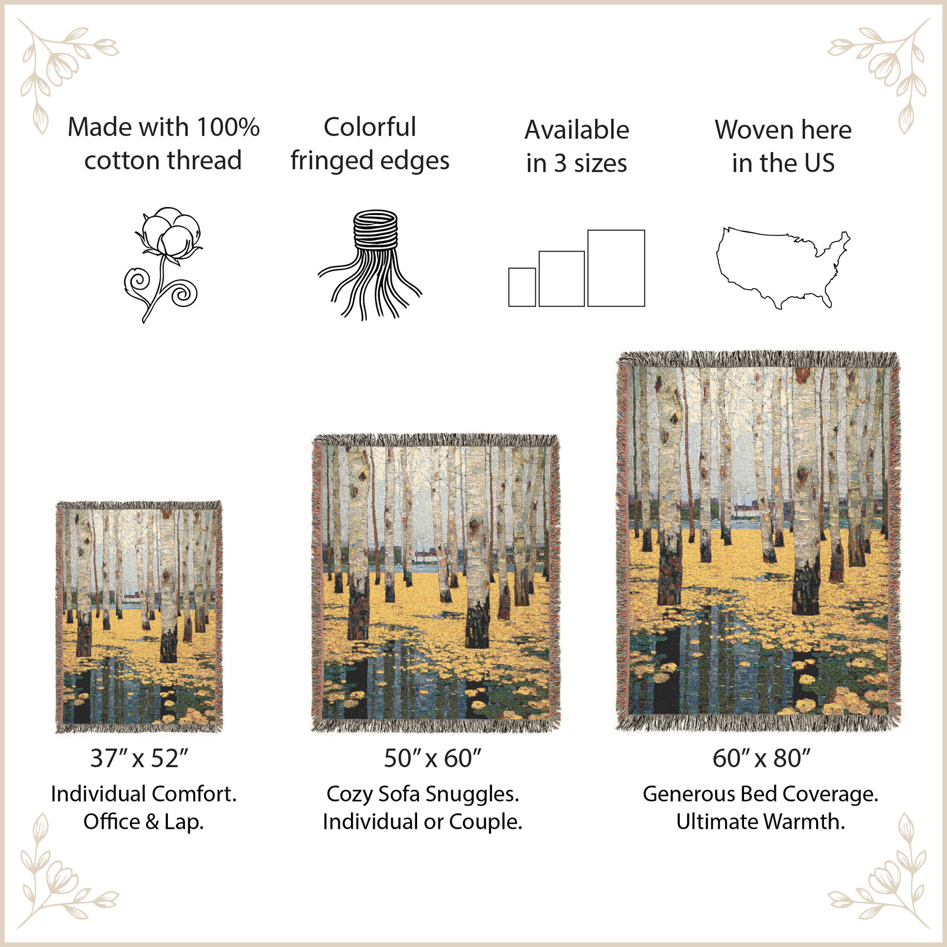 Blanket with nature-themed design and size information on a beige background