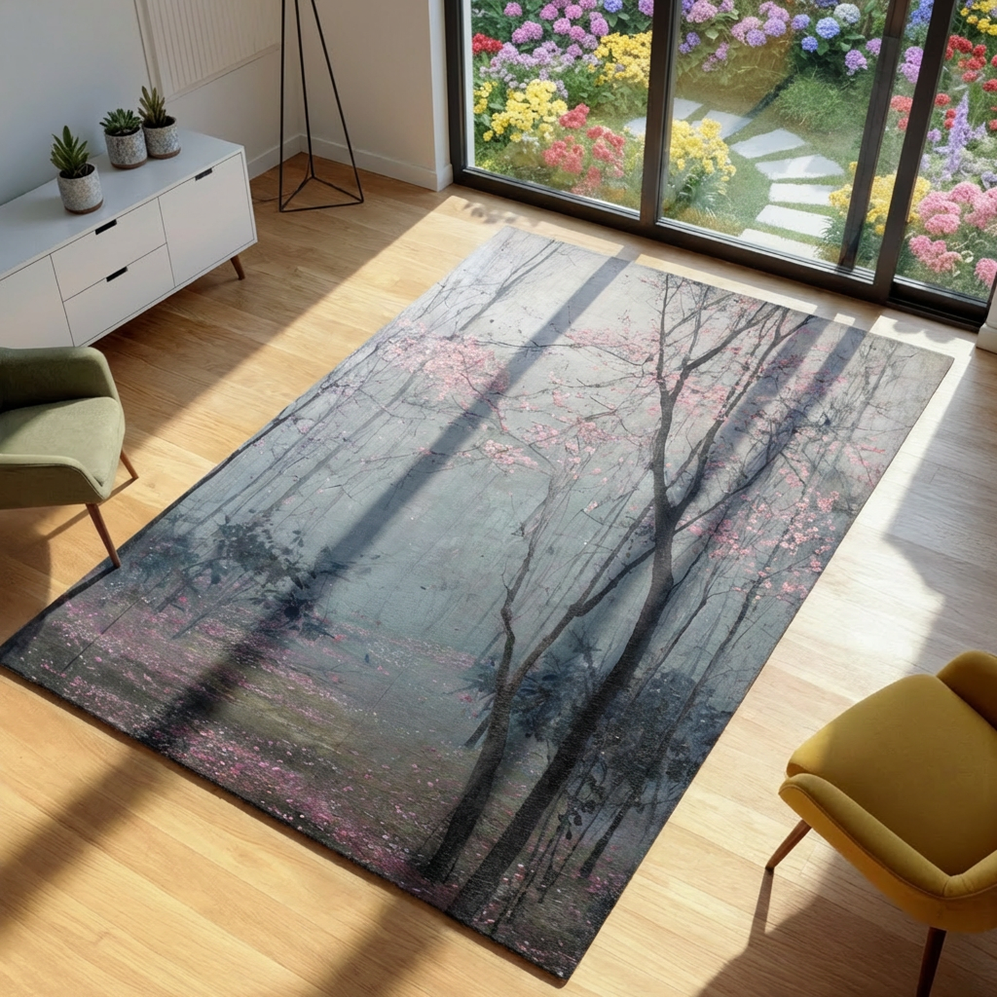 Decorative rug with tree and flower design in a room with furniture and a garden view.