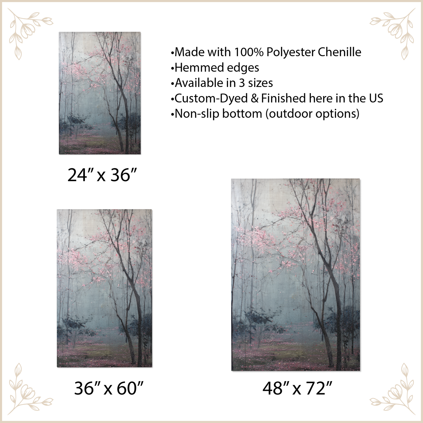 Area Rug of a tree with pink blossoms on a misty landscape, with size options and product details.