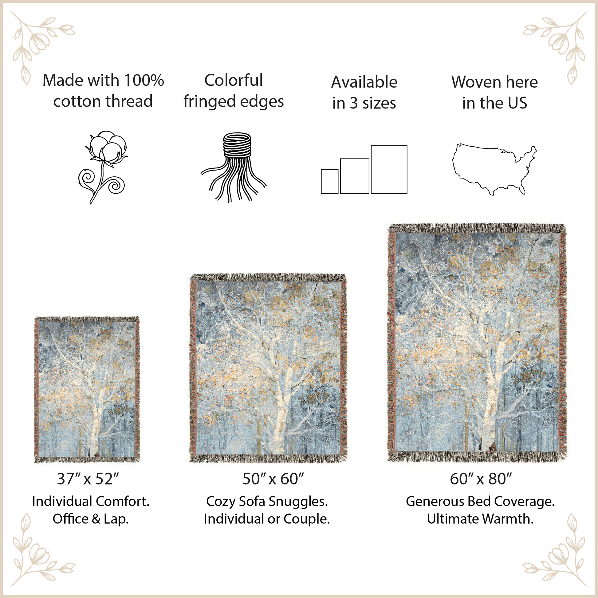 blanket with tree design and product information on a beige background