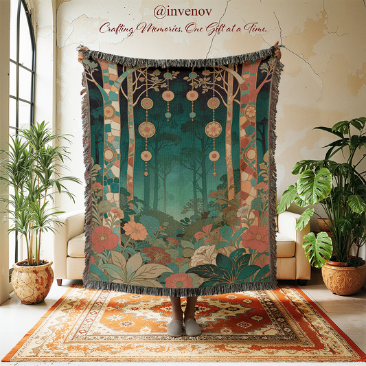 Woven blanket with tree graphic designs