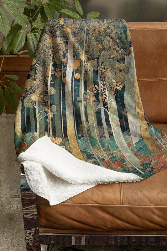 Fleece sherpa blanket with tree graphic designs
