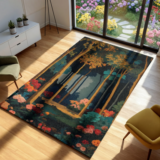 Decorative rug with nature-themed design on a wooden floor