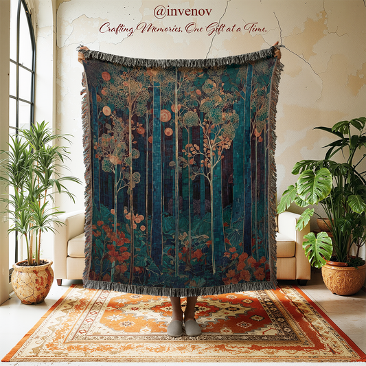Decorative tapestry with forest design in a room with plants and furniture.