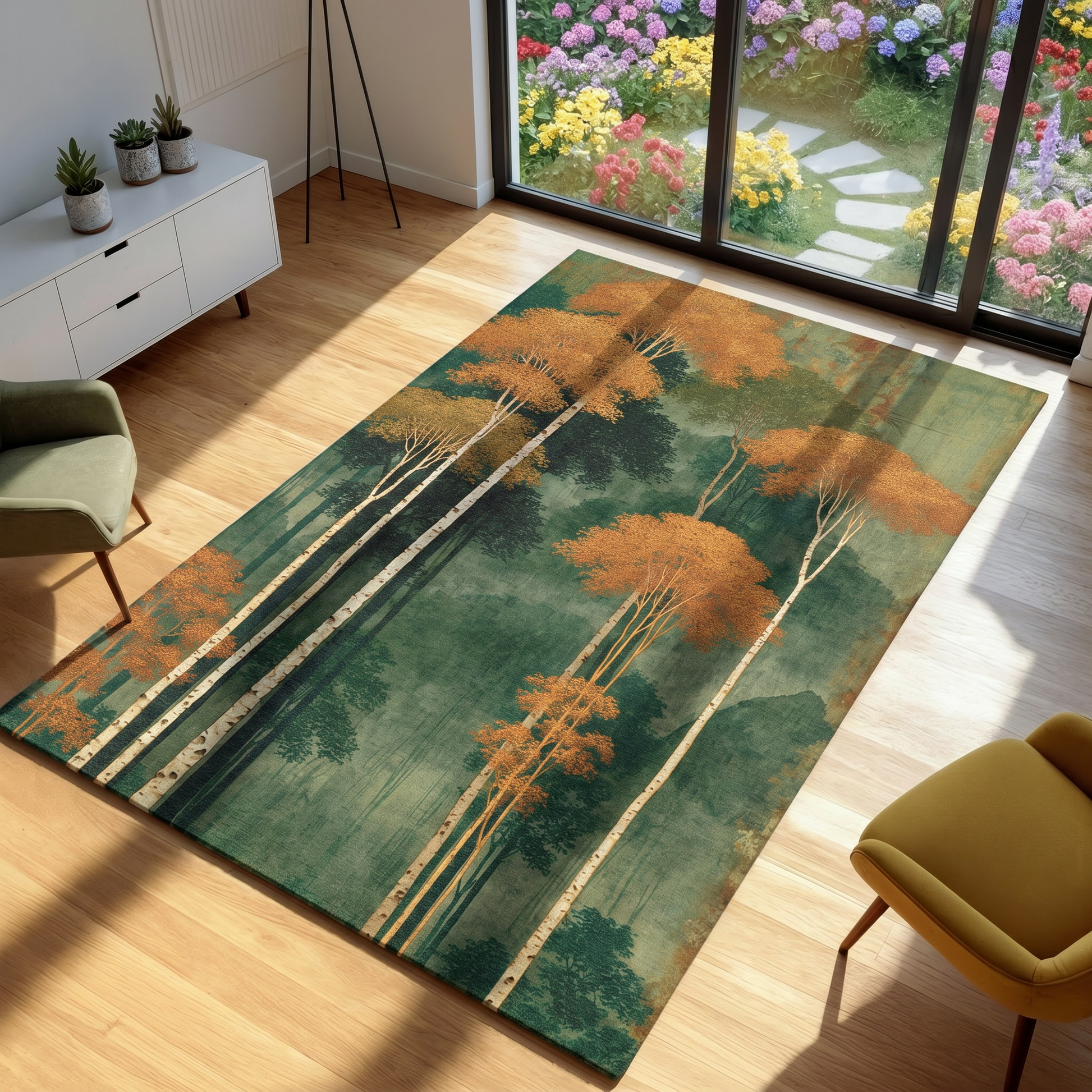Decorative rug with tree design on a wooden floor in a room with a garden view.