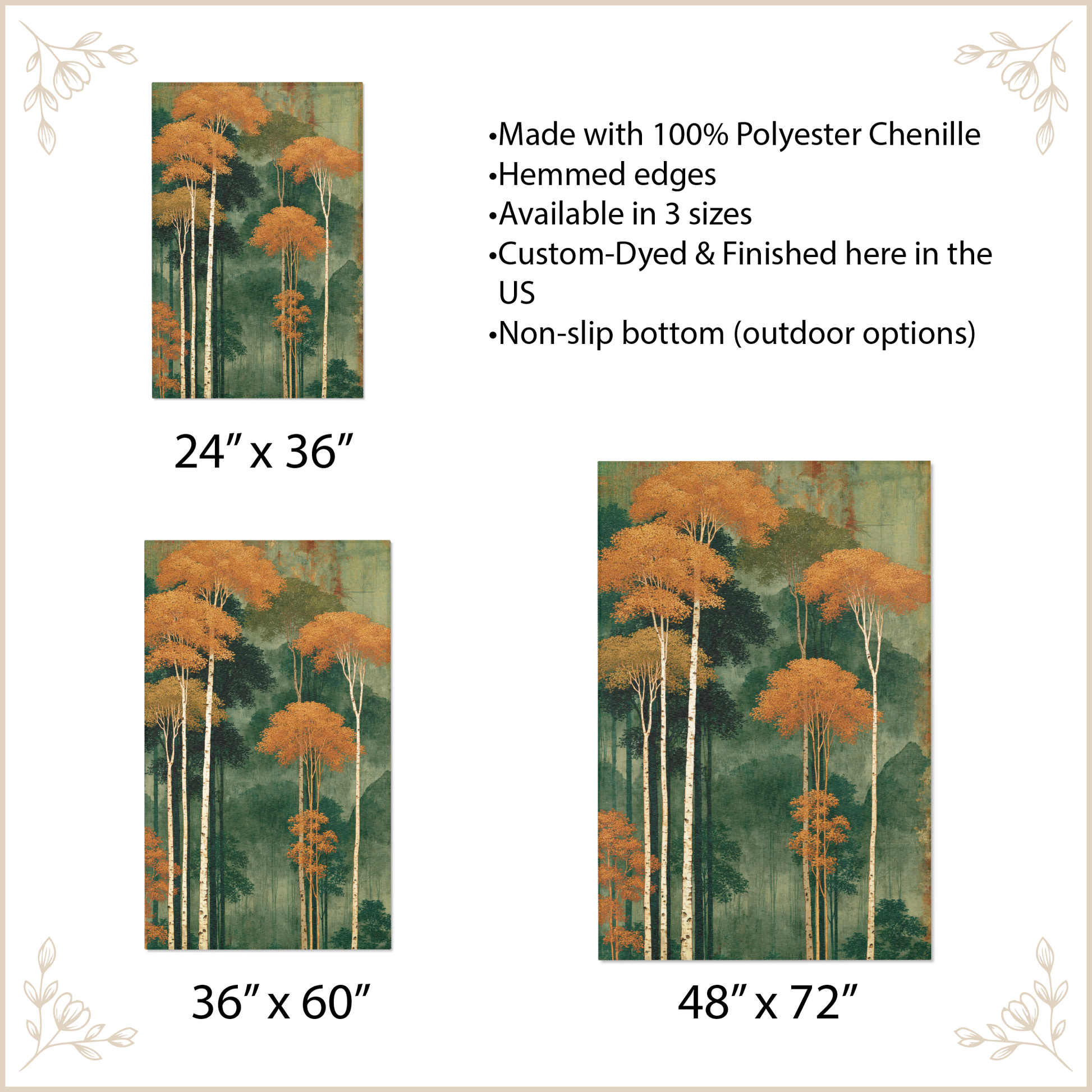 Forest-themed rug with size options and product details on a beige background