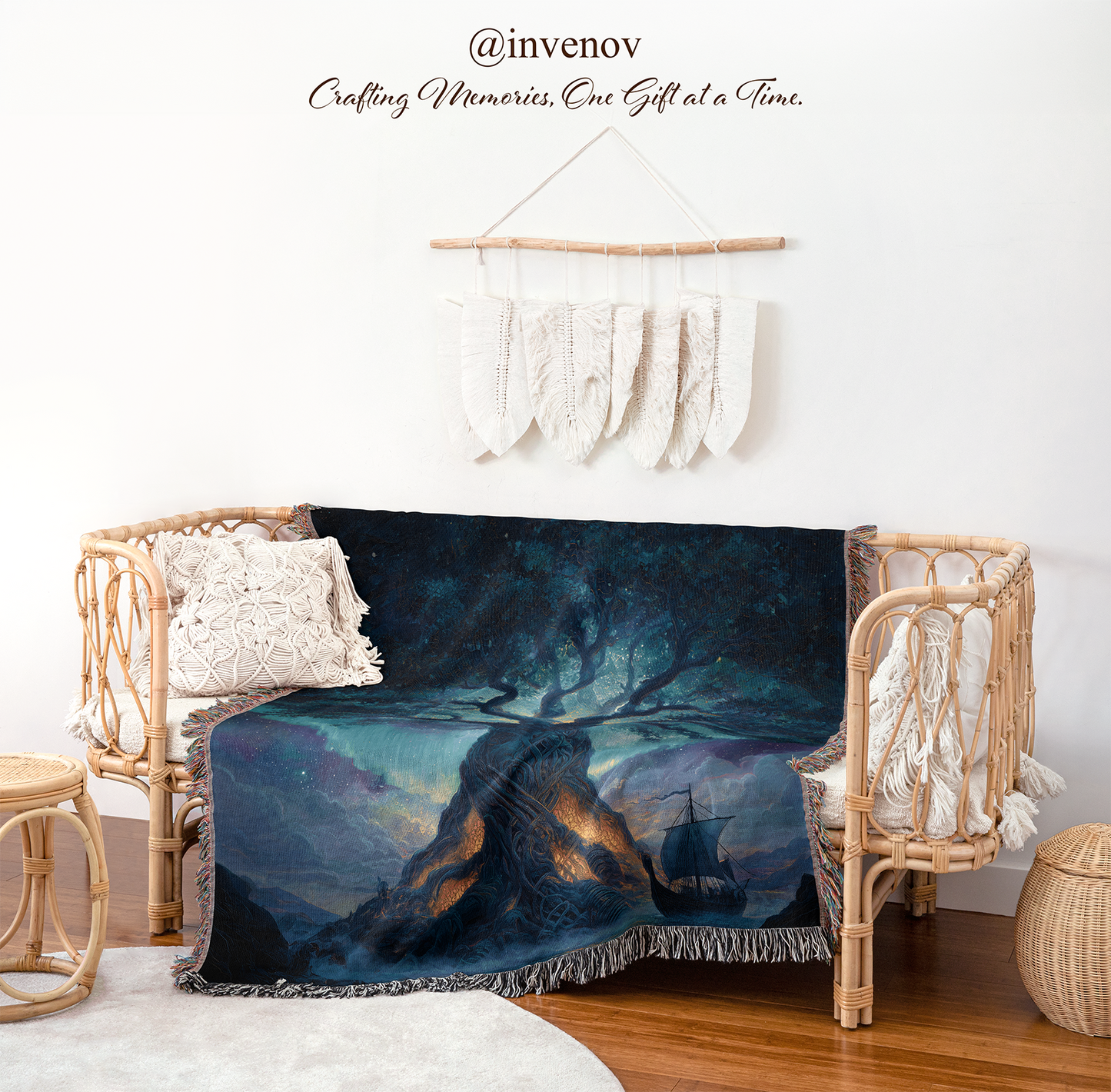 Decorative blanket with a nature design draped over a chair