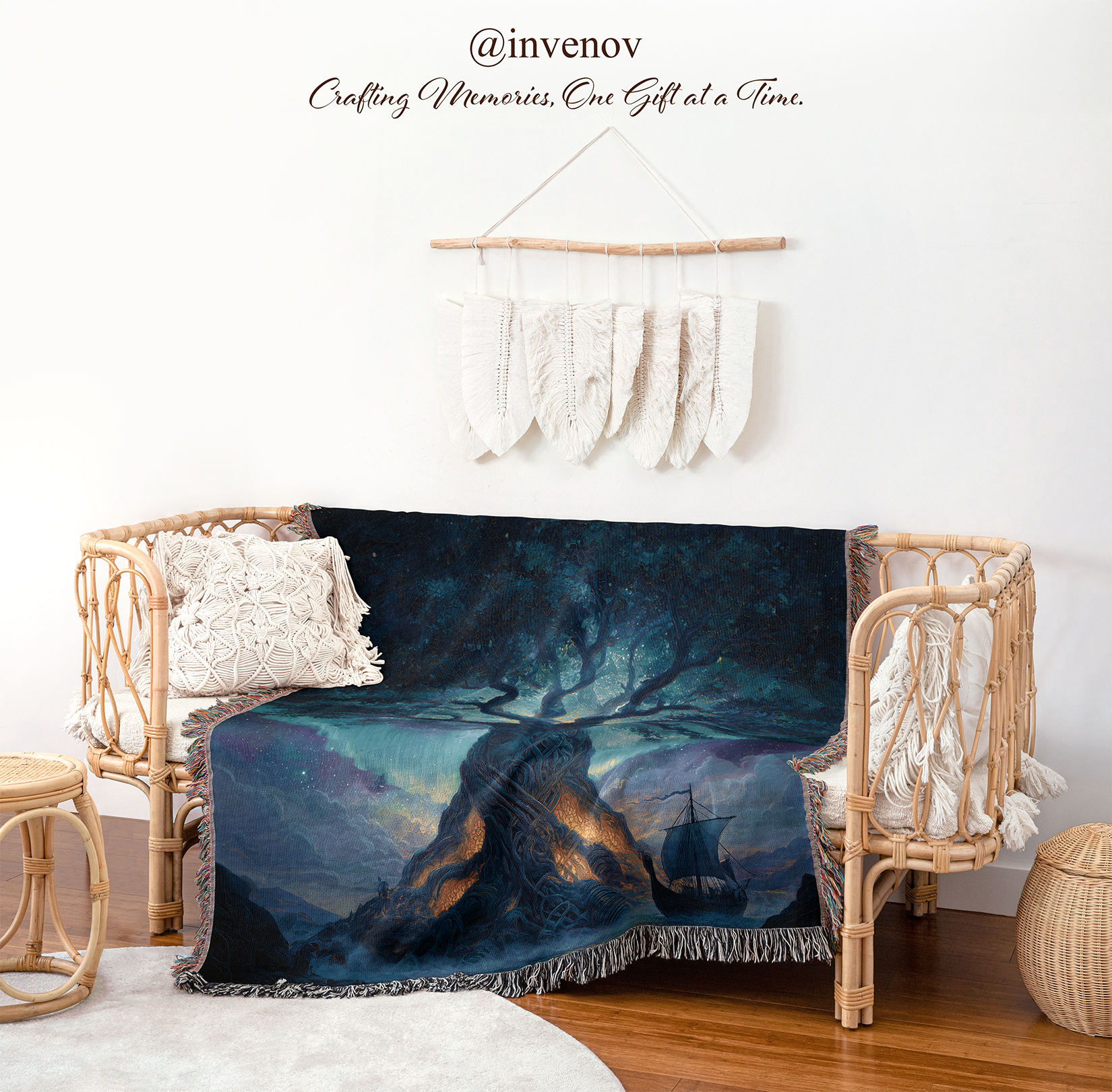 Decorative blanket with a nature design draped over a chair