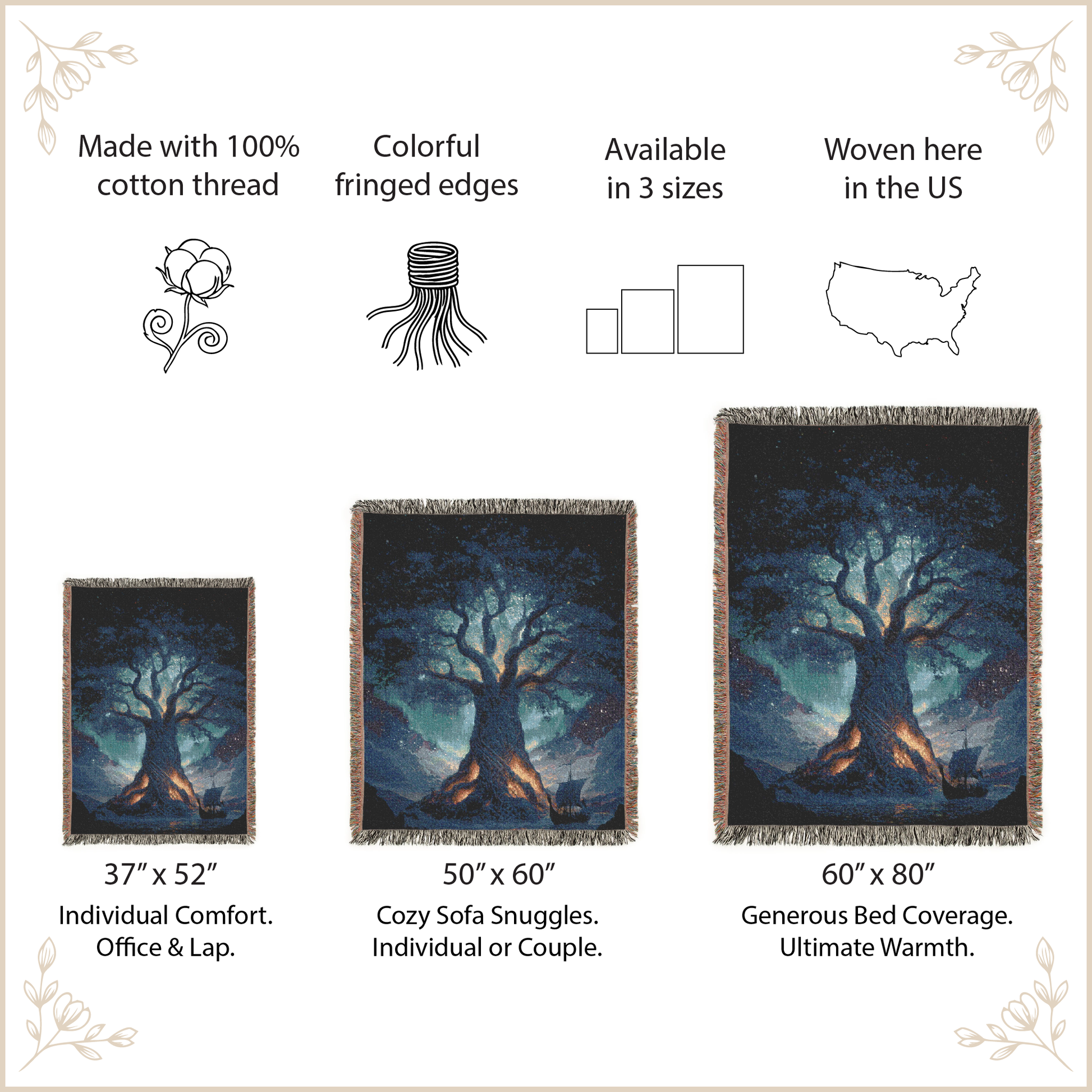Tree-themed woven blankets with size options and features listed.