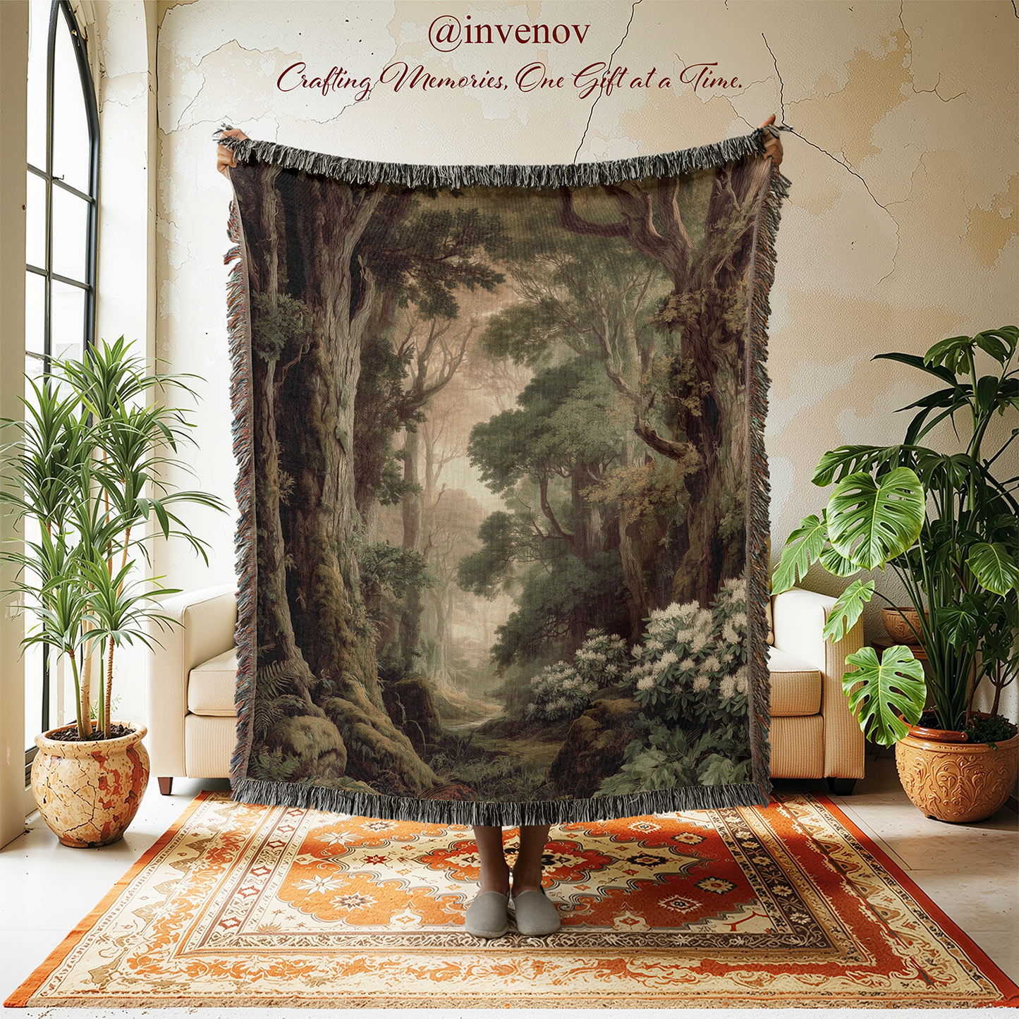 woven blanket with tree graphic designs