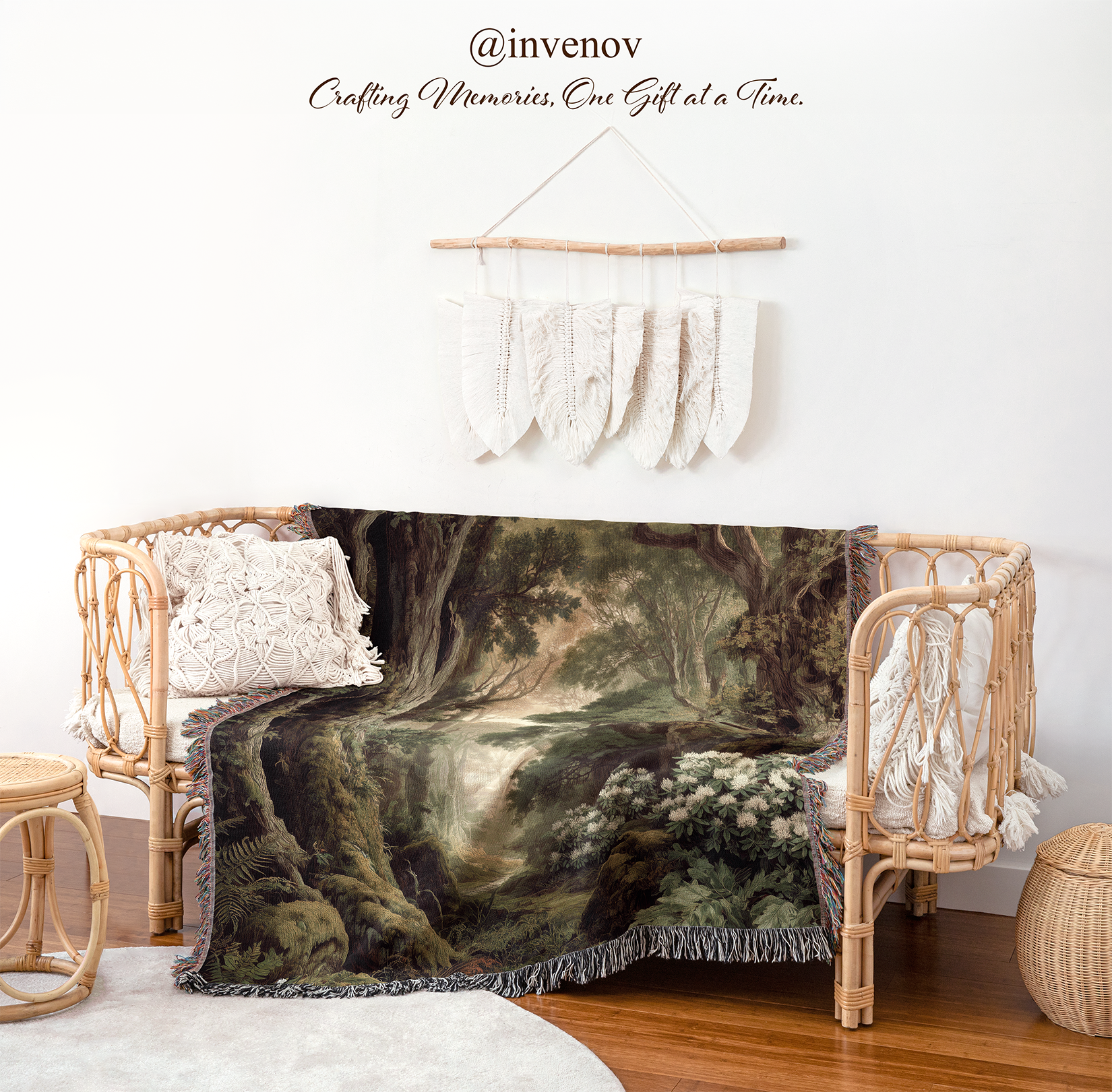 woven blanket with tree graphic designs