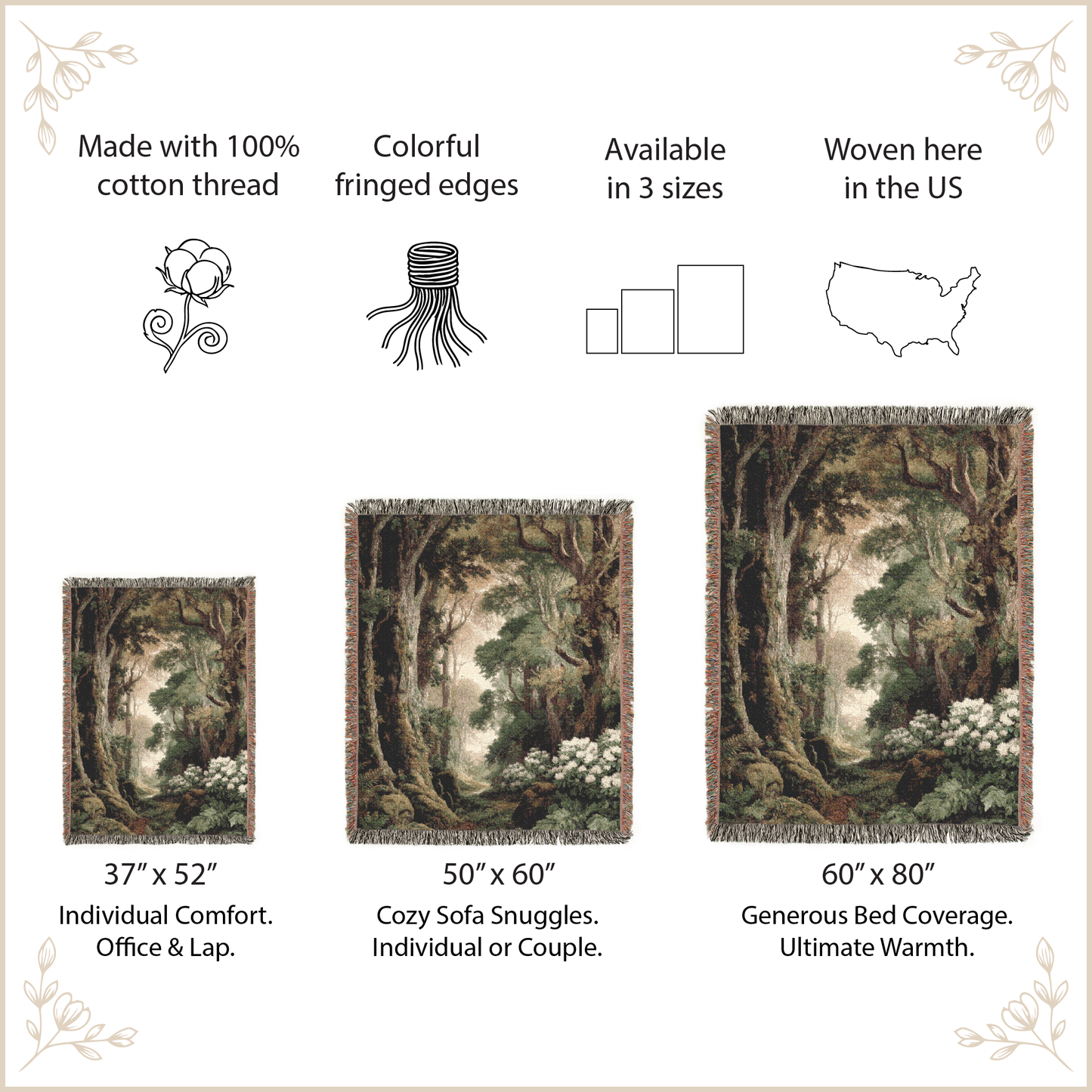 woven blanket with tree graphic designs with size options and features