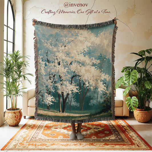 A large woven throw blanket with a tree landscape print is held up by a person standing in a living room. The blanket features a blue and teal background with white blossoms, dark tree trunks, and gray fringe.