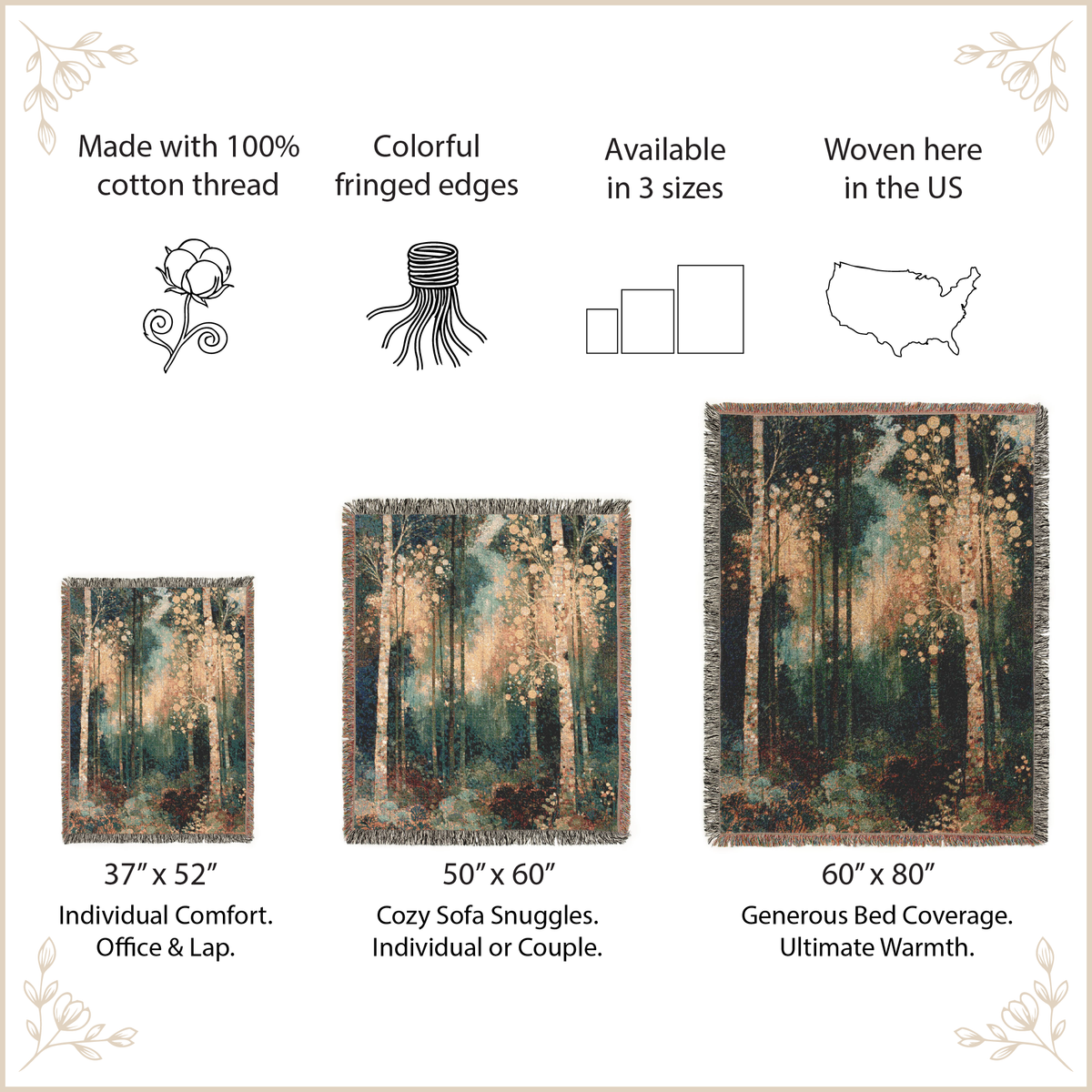 Woven blanket with tree designs with size options and features