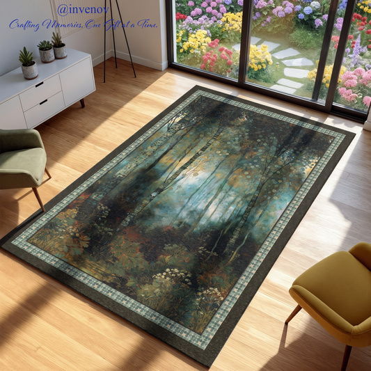 A rectangular area rug with a detailed forest scene print is shown in a modern living room setting with a wood floor, chairs, and a large window looking out to a garden.
