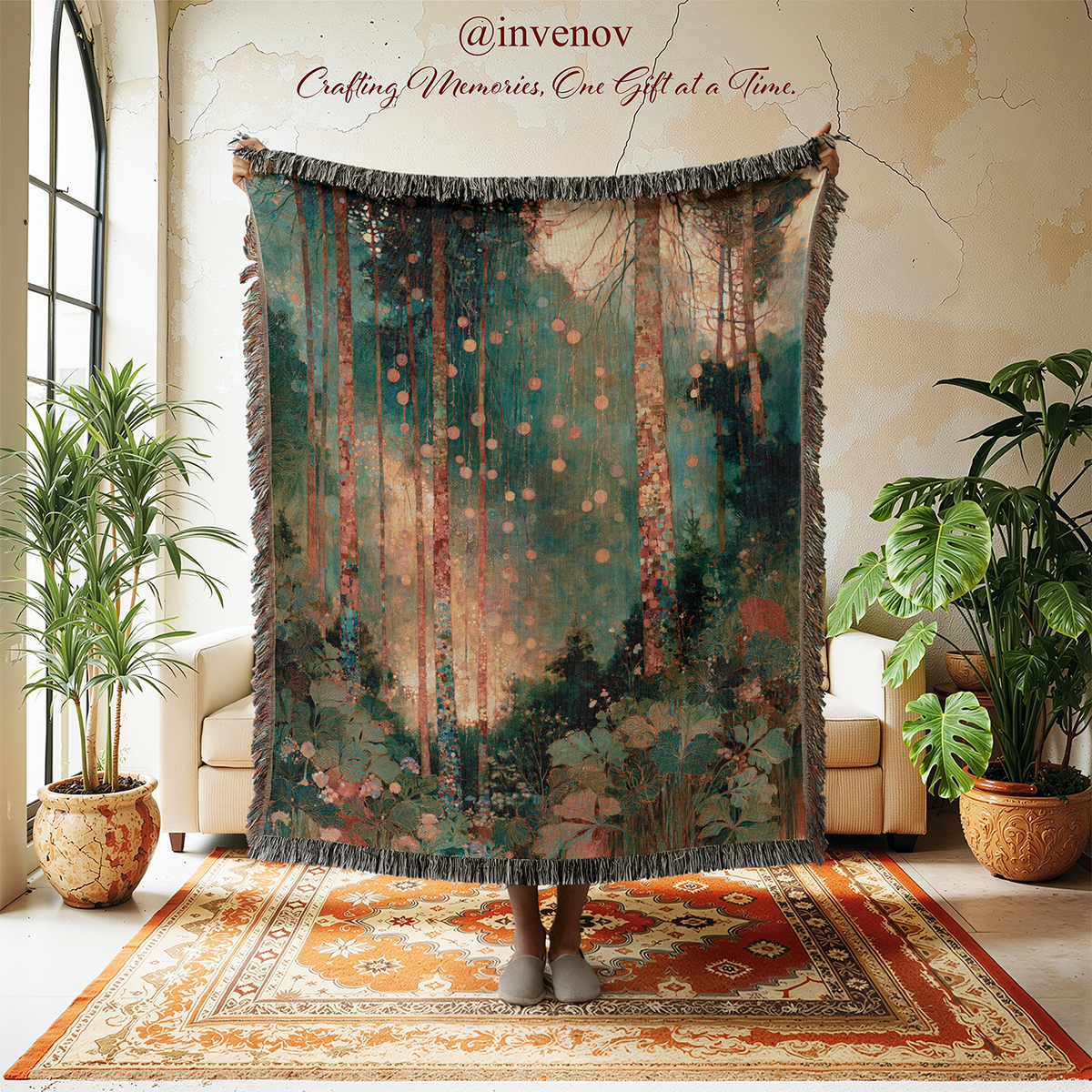 A person holds up a large fringed throw blanket featuring an artistic forest scene with teal, green, brown, and beige tones. The scene is staged in a warm living room with potted plants, a patterned rug, and cream-colored armchairs.