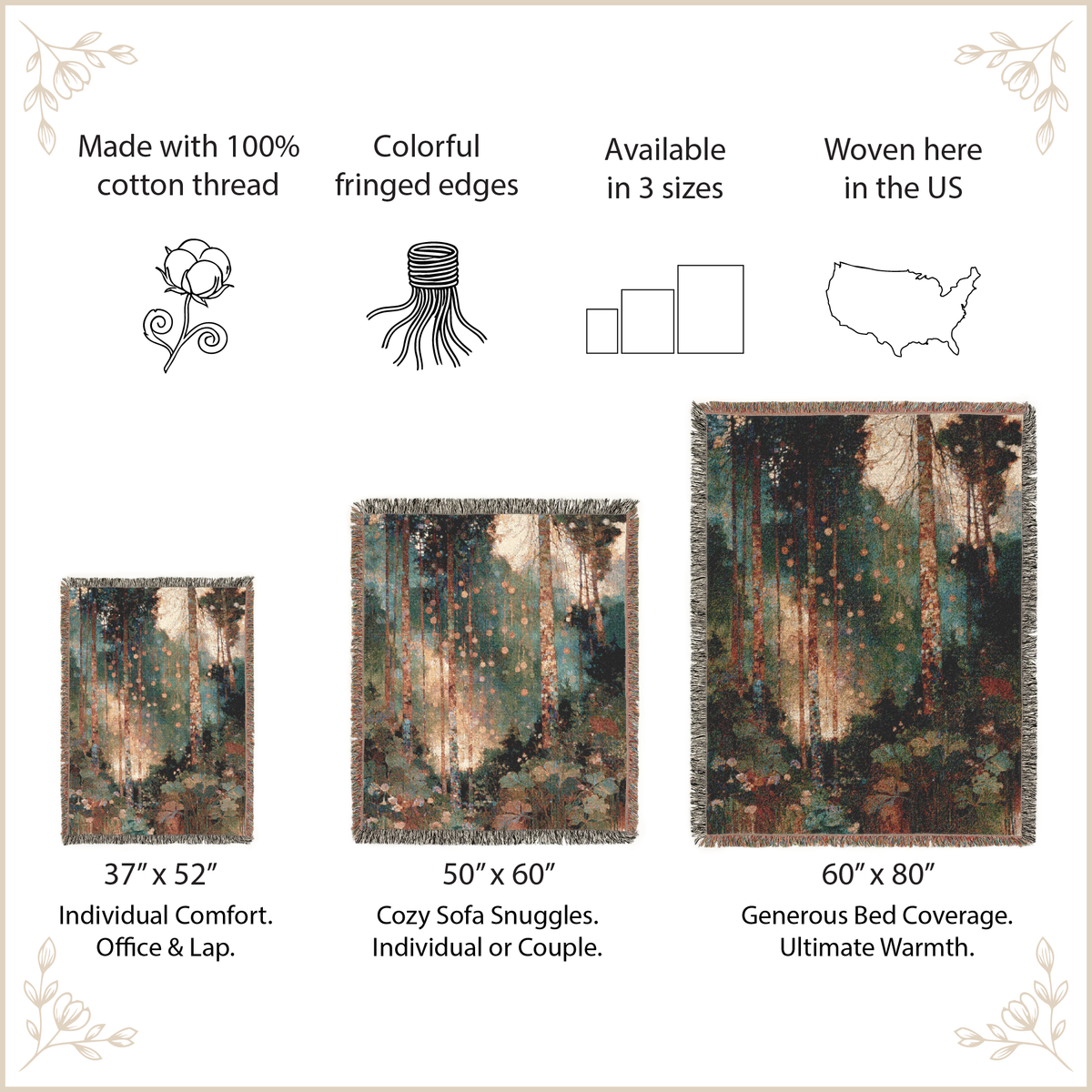A product information graphic for a woven throw blanket. The main area shows three sizes of the same blanket with a forest tree design in muted earthy tones: 37" x 52" for individual comfort, 50" x 60" for cozy sofa snuggles, and 60" x 80" for generous bed coverage.