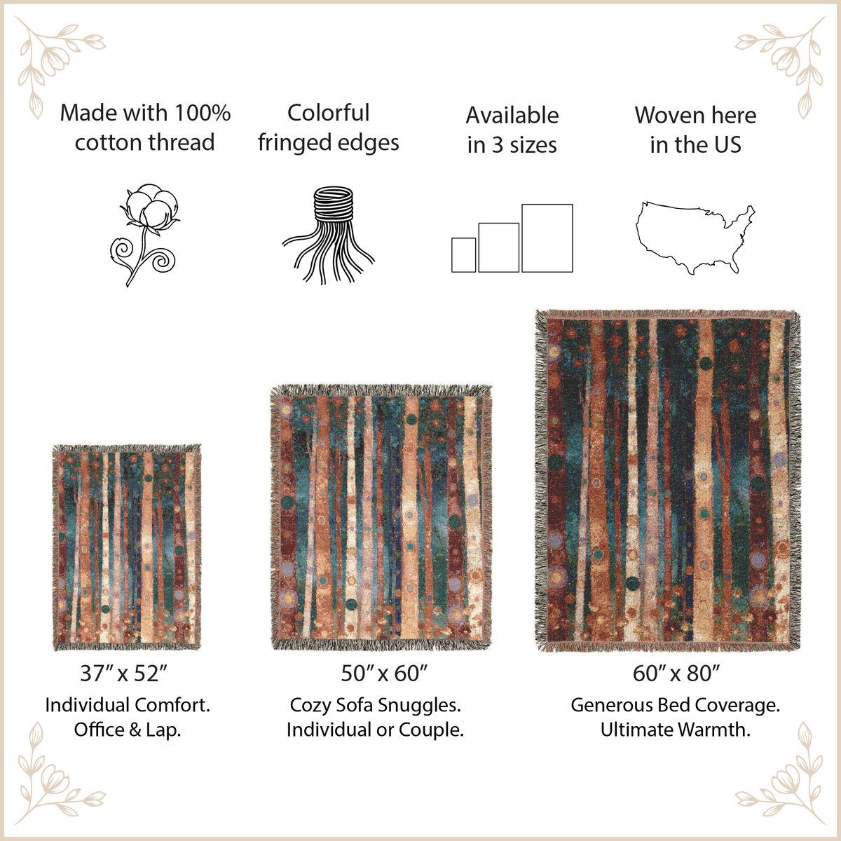 Woven blanket with abstract tree designs with size options and features